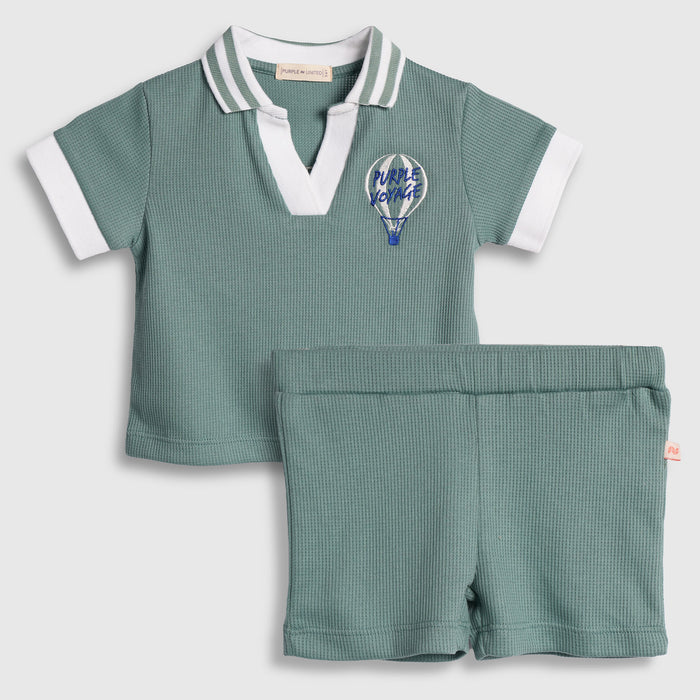 Kids Boys Tshirt Shorts Set in Light Teal with Soft Cotton Fabric, Comfort Summer Wear