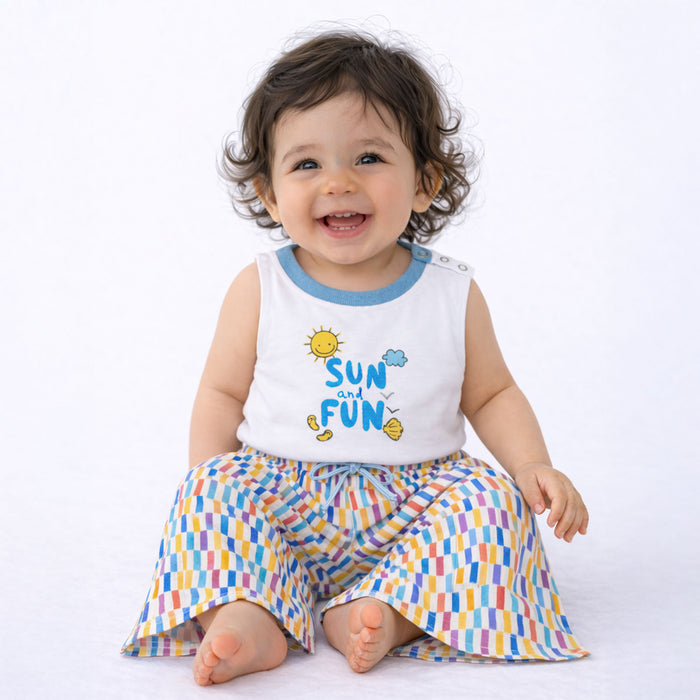 Kids Co ord Set White Blue Cotton Sleeveless Top & Printed Pants for Relaxed Summer