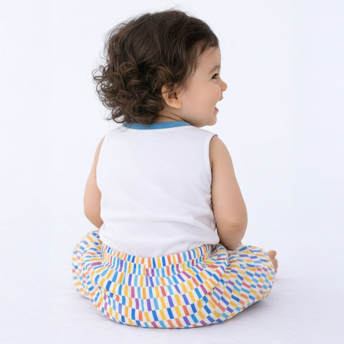 Kids Co ord Set White Blue Cotton Sleeveless Top & Printed Pants for Relaxed Summer