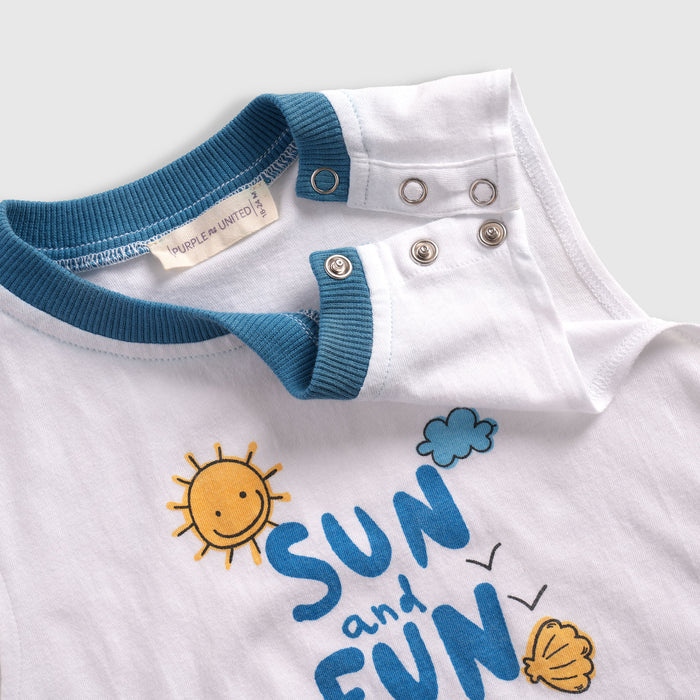 Kids Co ord Set White Blue Cotton Sleeveless Top & Printed Pants for Relaxed Summer