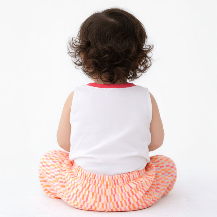 Kids Co ord Set White Pink Cotton Sleeveless Top & Printed Pants for Relaxed Summer