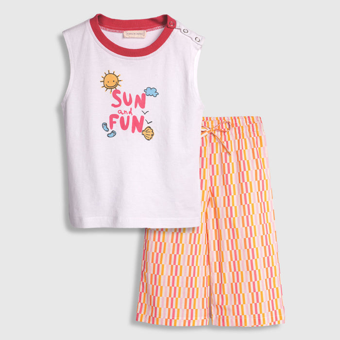 Kids Co ord Set White Pink Cotton Sleeveless Top & Printed Pants for Relaxed Summer