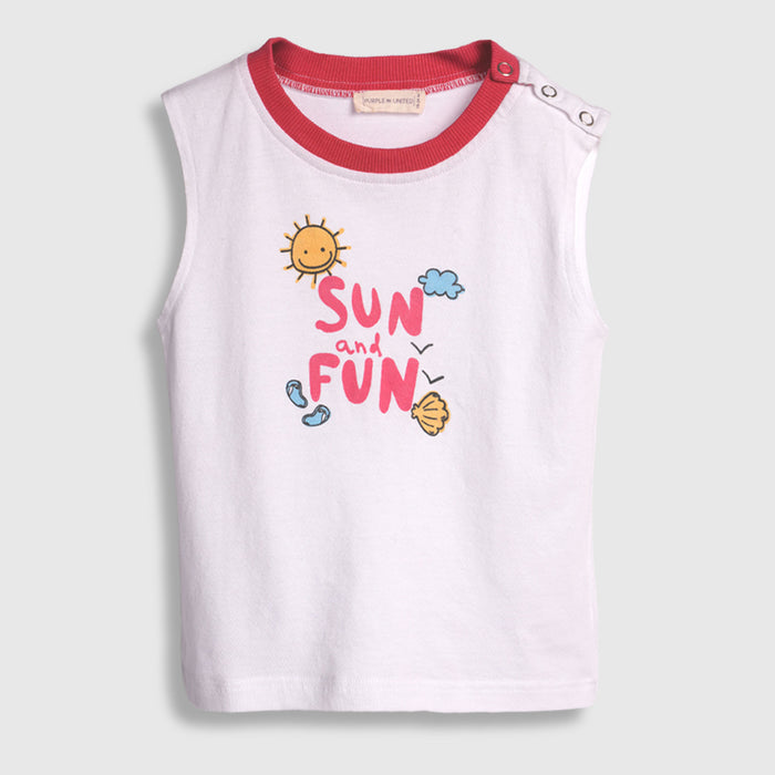 Kids Co ord Set White Pink Cotton Sleeveless Top & Printed Pants for Relaxed Summer