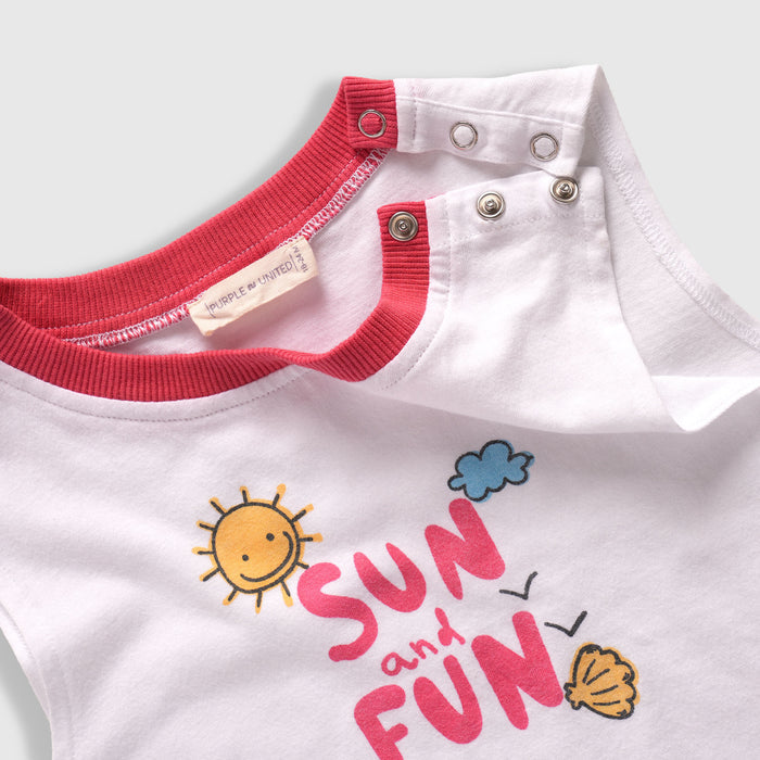 Kids Co ord Set White Pink Cotton Sleeveless Top & Printed Pants for Relaxed Summer