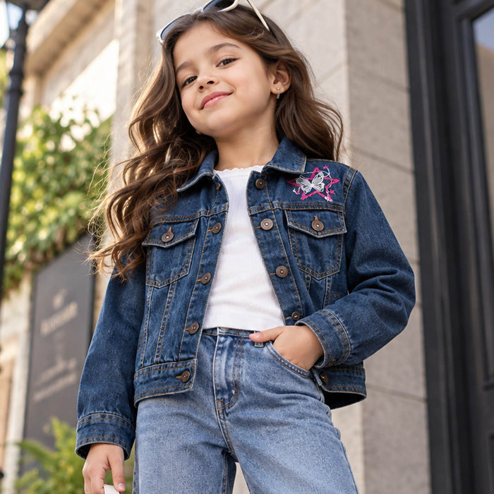 Kids Girl Denim Jacket in Blue with Regular Fit, Butterfly Embroidery & Full Sleeves
