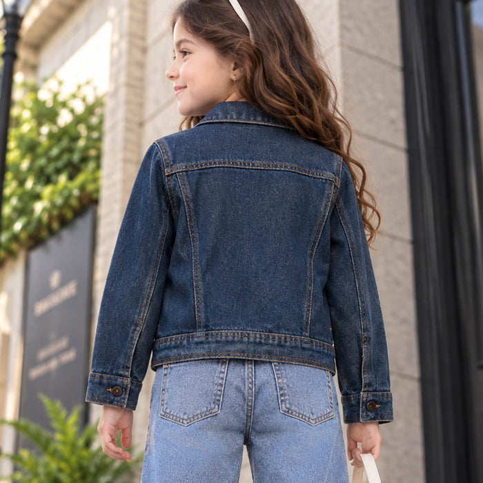 Kids Girl Denim Jacket in Blue with Regular Fit, Butterfly Embroidery & Full Sleeves