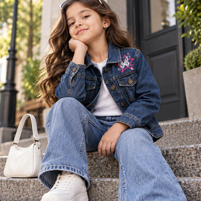 Kids Girl Denim Jacket in Blue with Regular Fit, Butterfly Embroidery & Full Sleeves