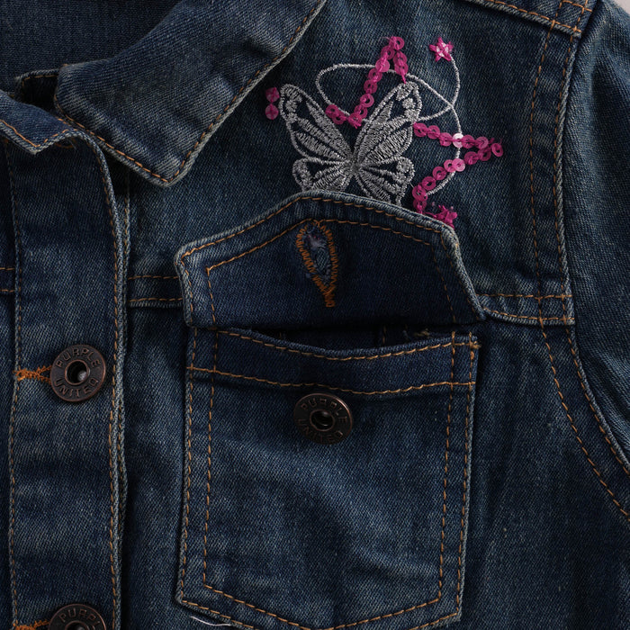 Kids Girl Denim Jacket in Blue with Regular Fit, Butterfly Embroidery & Full Sleeves