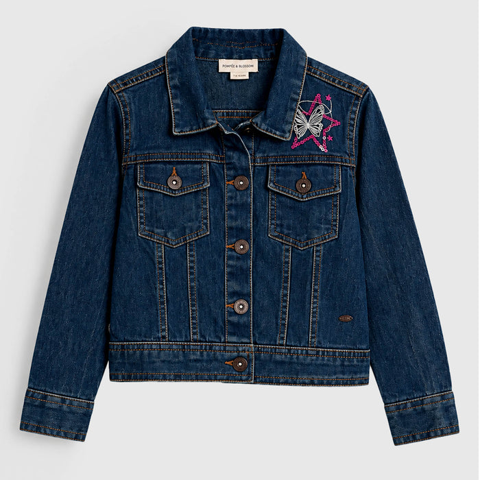 Kids Girl Denim Jacket in Blue with Regular Fit, Butterfly Embroidery & Full Sleeves