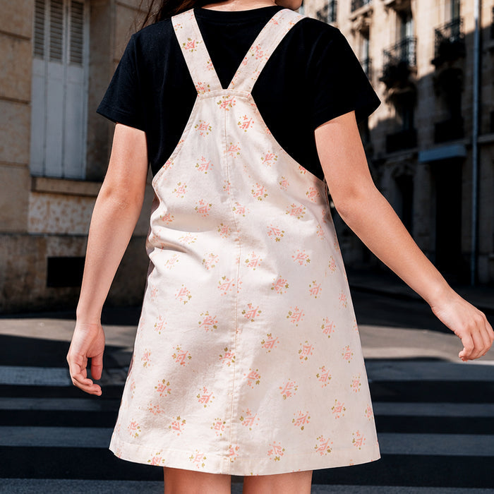 Kids Girl Dungaree in White with Comfort Fabric, Floral Print, Flared Fit & Buckle Closure
