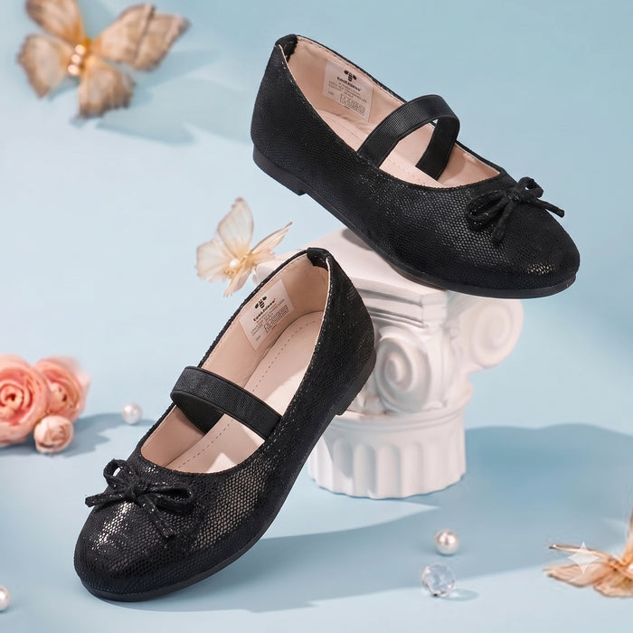 Kids Girls Ballerinas in Black with Comfort Fit, Secure Strap, Bow Detail & Shimmer Finish