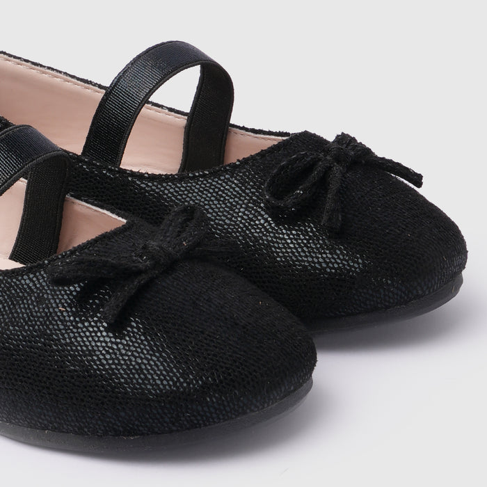 Kids Girls Ballerinas in Black with Comfort Fit, Secure Strap, Bow Detail & Shimmer Finish