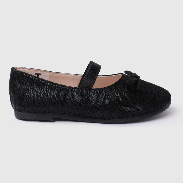 Kids Girls Ballerinas in Black with Comfort Fit, Secure Strap, Bow Detail & Shimmer Finish