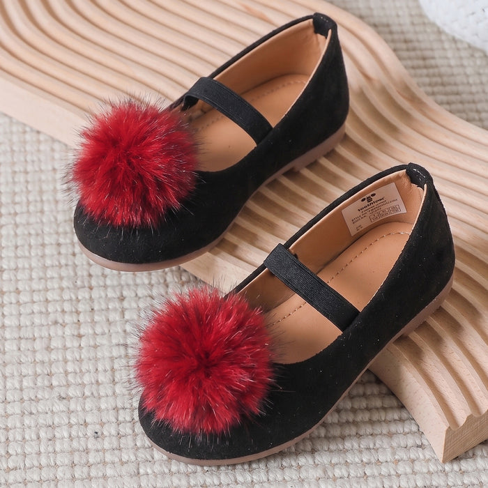 Kids Girls Ballerinas in Black with Textured Finish, Statement Detail & Elastic Strap