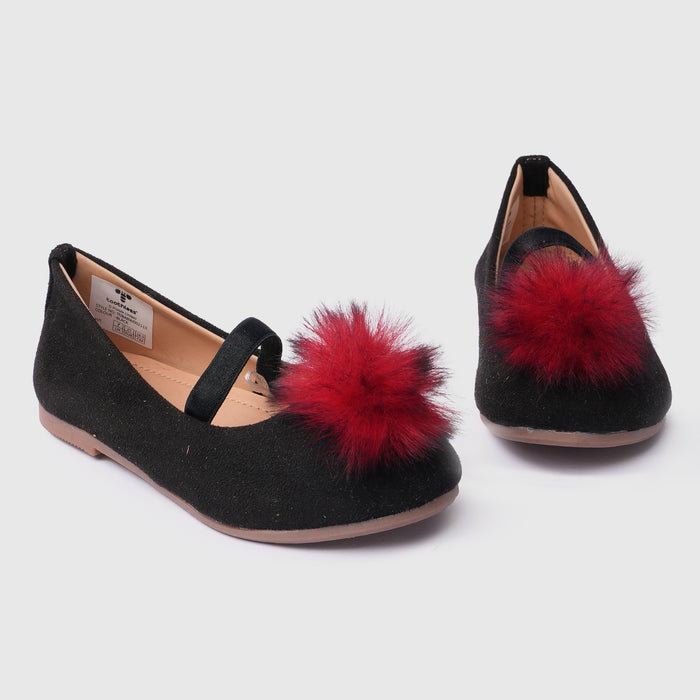 Kids Girls Ballerinas in Black with Textured Finish, Statement Detail & Elastic Strap