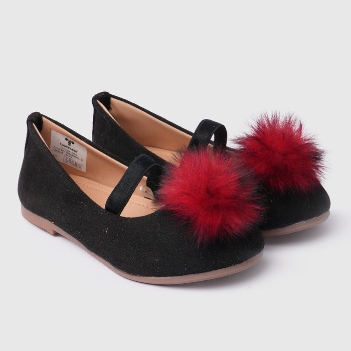 Kids Girls Ballerinas in Black with Textured Finish, Statement Detail & Elastic Strap