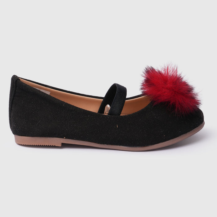 Kids Girls Ballerinas in Black with Textured Finish, Statement Detail & Elastic Strap