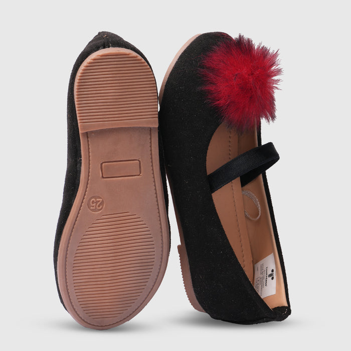 Kids Girls Ballerinas in Black with Textured Finish, Statement Detail & Elastic Strap