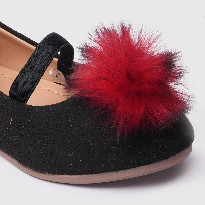 Kids Girls Ballerinas in Black with Textured Finish, Statement Detail & Elastic Strap