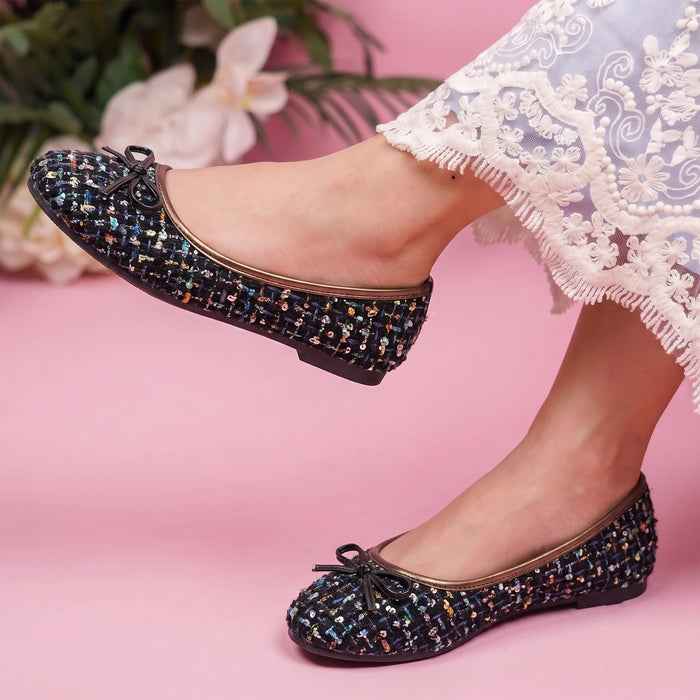 Kids Girls Ballerinas in Black with Woven Multicolor Sequin Texture & Comfort Slip-On Fit