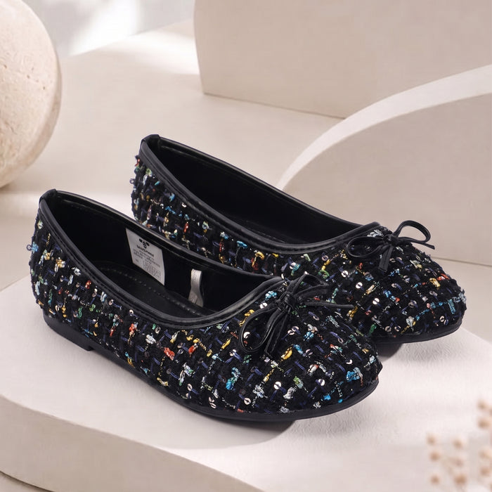 Kids Girls Ballerinas in Black with Woven Multicolor Sequin Texture & Comfort Slip-On Fit