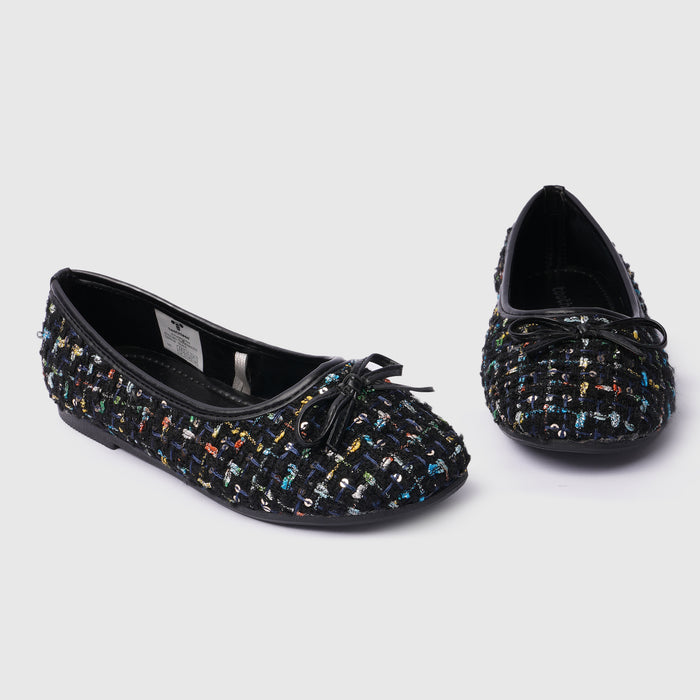 Kids Girls Ballerinas in Black with Woven Multicolor Sequin Texture & Comfort Slip-On Fit