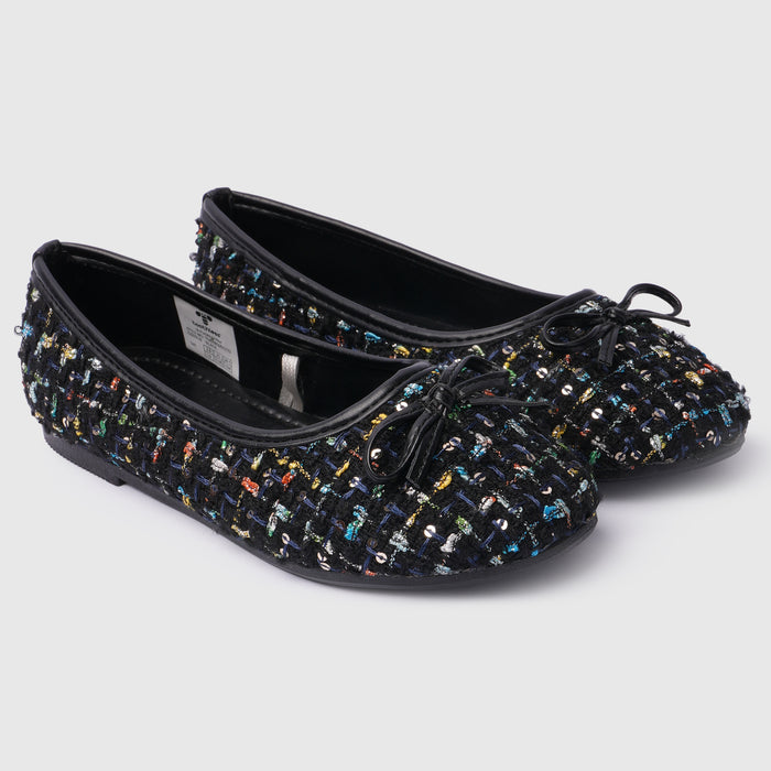 Kids Girls Ballerinas in Black with Woven Multicolor Sequin Texture & Comfort Slip-On Fit