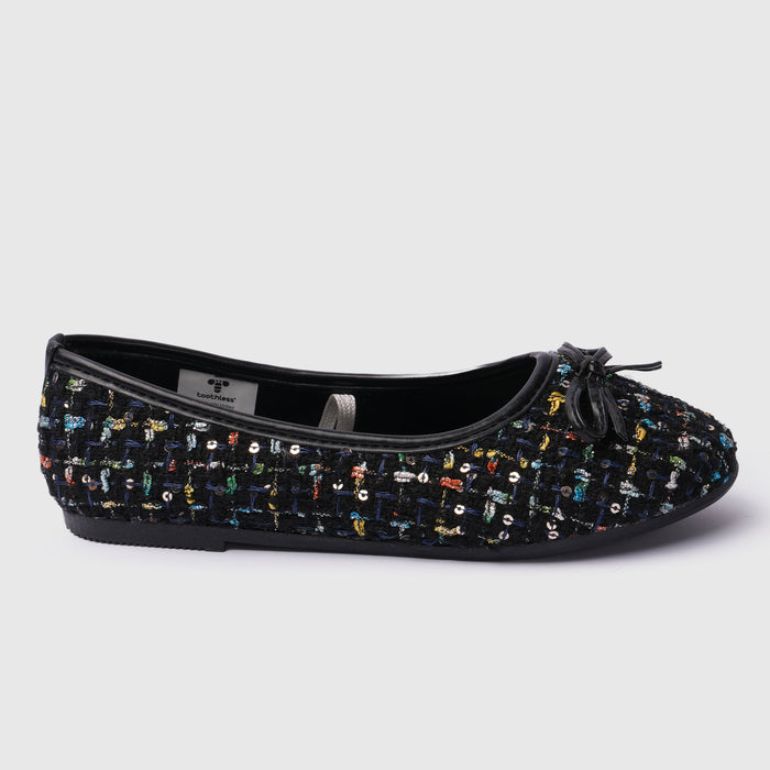Kids Girls Ballerinas in Black with Woven Multicolor Sequin Texture & Comfort Slip-On Fit