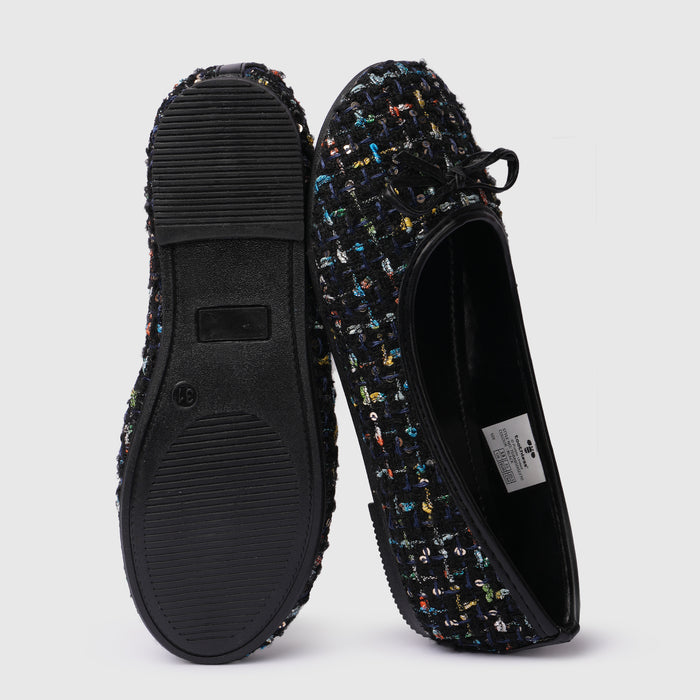 Kids Girls Ballerinas in Black with Woven Multicolor Sequin Texture & Comfort Slip-On Fit