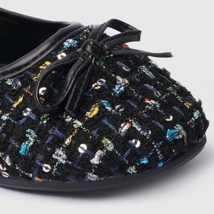 Kids Girls Ballerinas in Black with Woven Multicolor Sequin Texture & Comfort Slip-On Fit