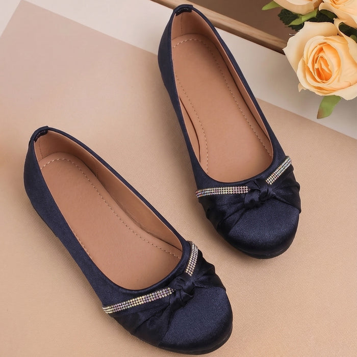 Kids Girls Ballerinas in Blue with Bow Detail & Embellished Strap, Comfortable Occasion Wear