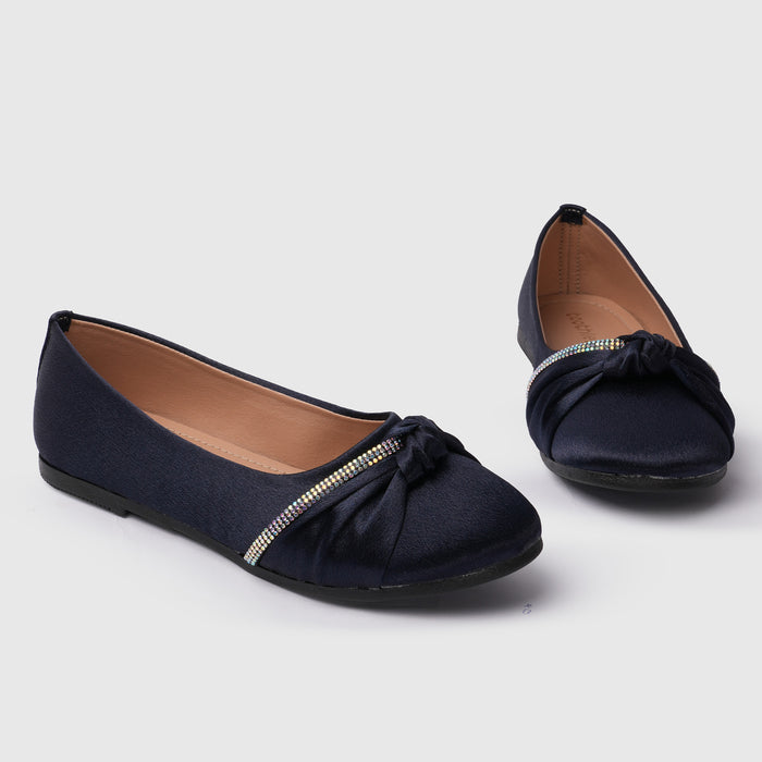 Kids Girls Ballerinas in Blue with Bow Detail & Embellished Strap, Comfortable Occasion Wear