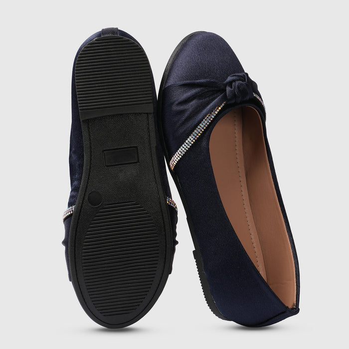 Kids Girls Ballerinas in Blue with Bow Detail & Embellished Strap, Comfortable Occasion Wear