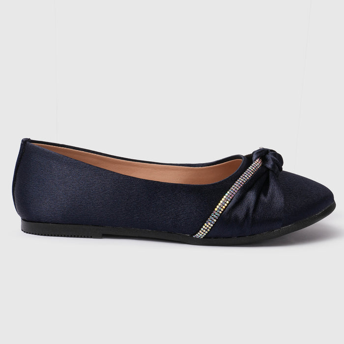Kids Girls Ballerinas in Blue with Bow Detail & Embellished Strap, Comfortable Occasion Wear