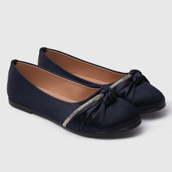 Kids Girls Ballerinas in Blue with Bow Detail & Embellished Strap, Comfortable Occasion Wear