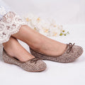 Kids Girls Ballerinas in Brown with Woven Texture, Bow Detail, Slip On Comfort & Flat Sole