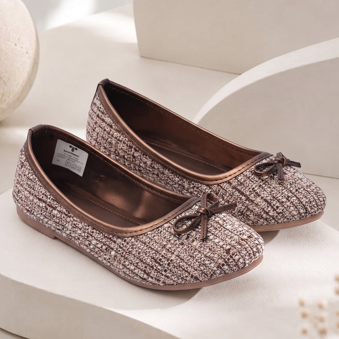 Kids Girls Ballerinas in Brown with Woven Texture, Bow Detail, Slip On Comfort & Flat Sole