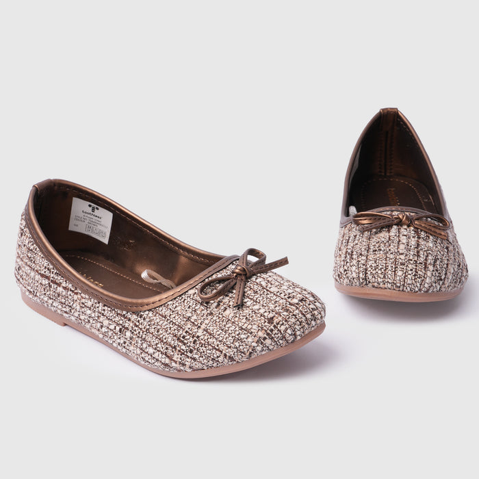 Kids Girls Ballerinas in Brown with Woven Texture, Bow Detail, Slip On Comfort & Flat Sole