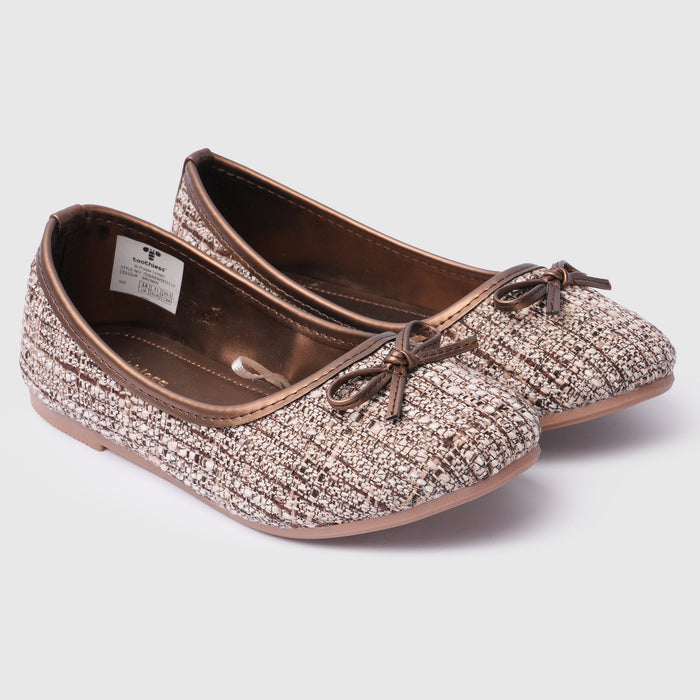 Kids Girls Ballerinas in Brown with Woven Texture, Bow Detail, Slip On Comfort & Flat Sole
