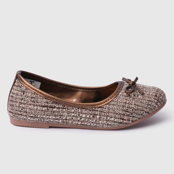 Kids Girls Ballerinas in Brown with Woven Texture, Bow Detail, Slip On Comfort & Flat Sole