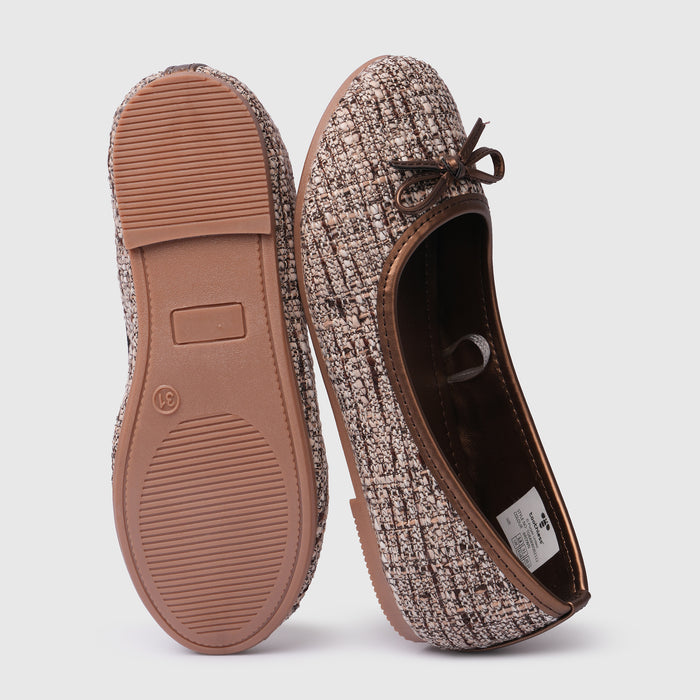 Kids Girls Ballerinas in Brown with Woven Texture, Bow Detail, Slip On Comfort & Flat Sole