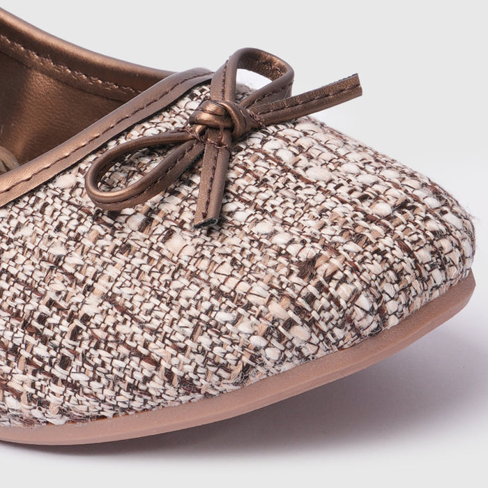Kids Girls Ballerinas in Brown with Woven Texture, Bow Detail, Slip On Comfort & Flat Sole