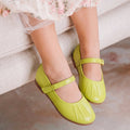 Kids Girls Ballerinas in Green with Pleated Toe, Mary Jane Strap & Flat Comfortable Sole
