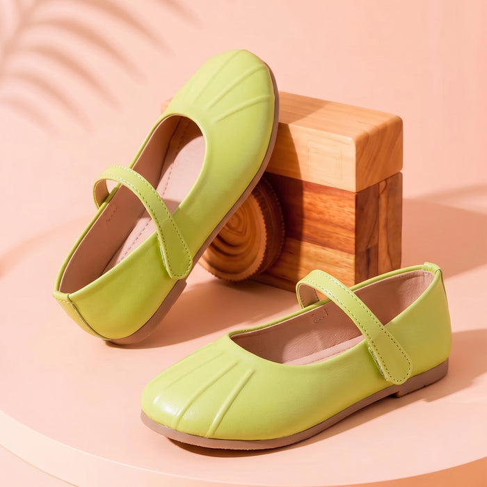 Kids Girls Ballerinas in Green with Pleated Toe, Mary Jane Strap & Flat Comfortable Sole