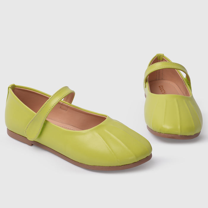 Kids Girls Ballerinas in Green with Pleated Toe, Mary Jane Strap & Flat Comfortable Sole