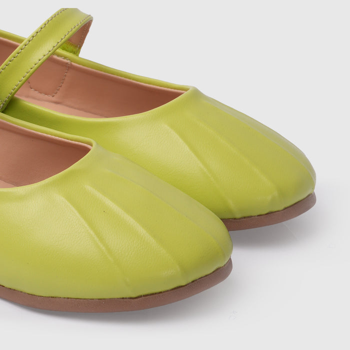 Kids Girls Ballerinas in Green with Pleated Toe, Mary Jane Strap & Flat Comfortable Sole