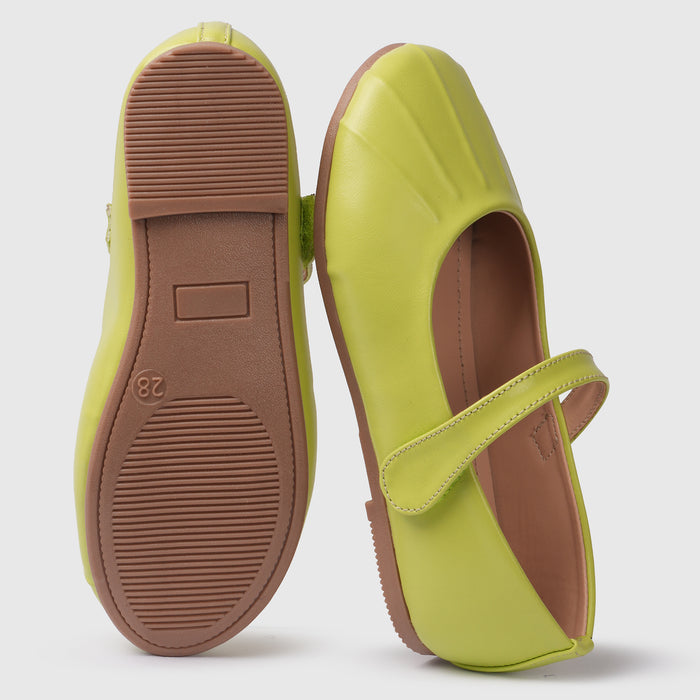Kids Girls Ballerinas in Green with Pleated Toe, Mary Jane Strap & Flat Comfortable Sole