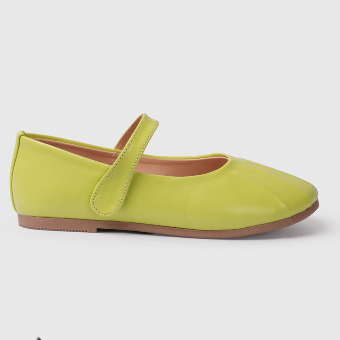 Kids Girls Ballerinas in Green with Pleated Toe, Mary Jane Strap & Flat Comfortable Sole