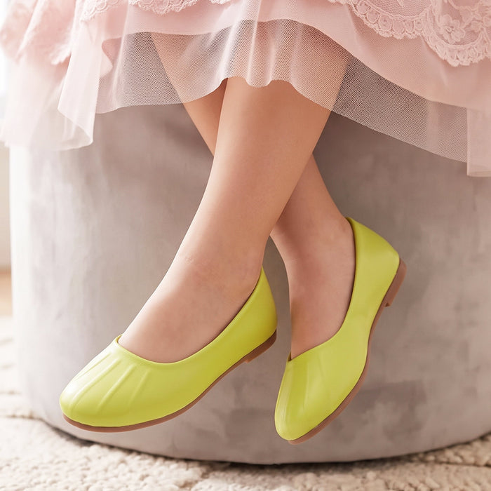 Kids Girls Ballerinas in Green with Pleated Toe, Soft Insole & Low Flat Comfort Sole