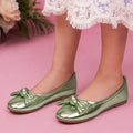 Kids Girls Ballerinas in Metallic Green with Bow Detail, Cushioned Comfort Fit for Occasion Wear